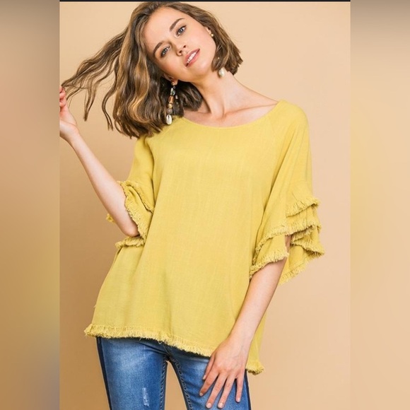 Umgee Womens Blouse Women’s S Yellow Linen Blend Ruffled Fringed Boho Hippie - Picture 1 of 9
